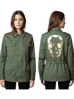 NEW Zadig & Voltaire Kayak Gold Foil Skull Oversized Utility Jacket with Pins